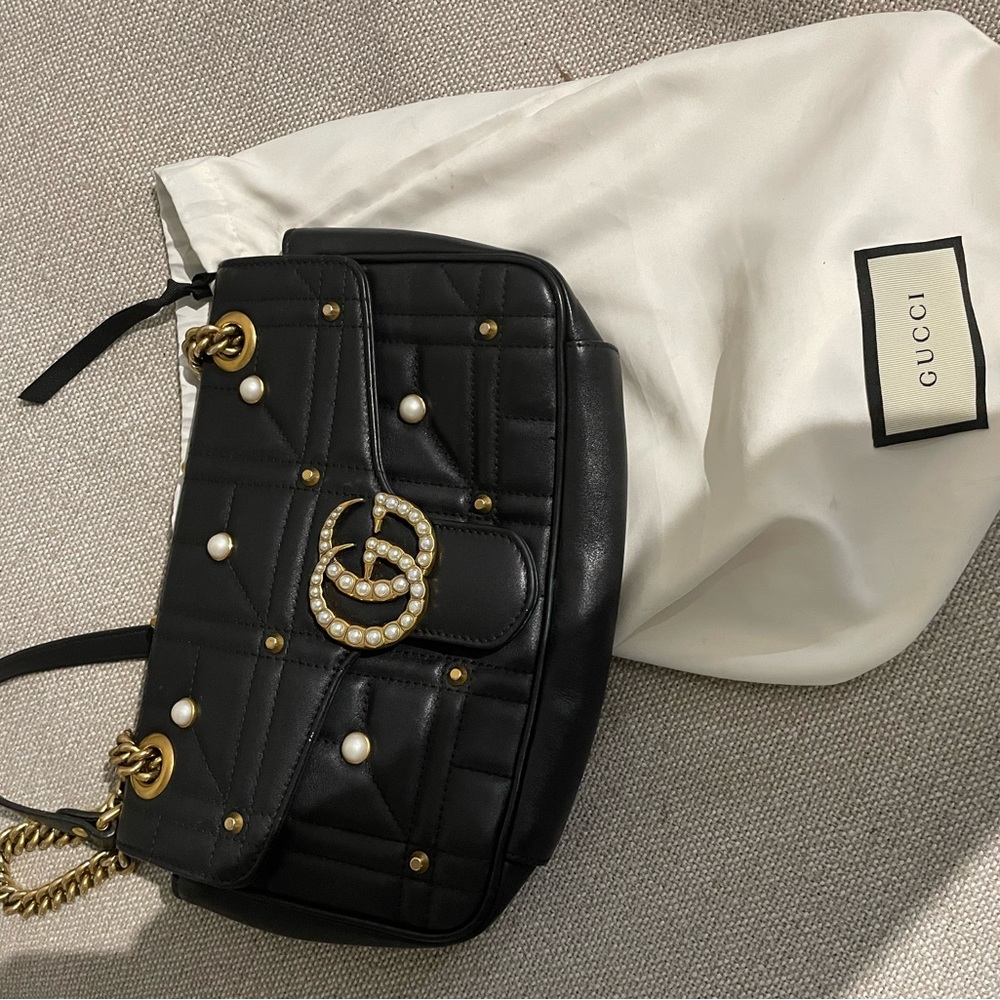 Gucci GG Marmont Shoulder Bag Matelasse Pearl Studded Small Black Retails $3000+